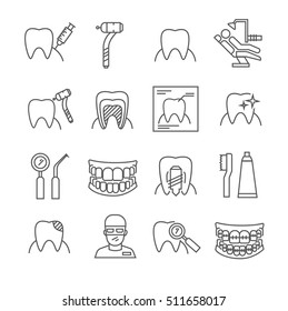 Set of dentistry Related Vector Line Icons. Includes such Icons as dentist, patient, teeth, dental, anesthesia, dental tools, braces, teeth whitening