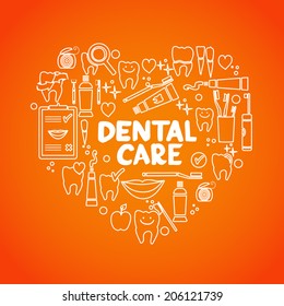 Set of dentistry symbols (1 of 2). Dental tools, floss, braces, teeth, mouth, implant, crown, toothache, hygiene, tooth decay etc.