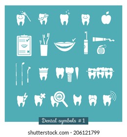 Set of dentistry symbols (1 of 2). Dental tools, floss, braces, teeth, mouth, implant, crown, toothache, hygiene, tooth decay etc.