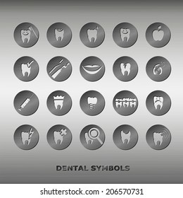 Set of dentistry symbols. Dental tools, floss, braces, teeth, mouth, implant, crown, toothache, hygiene, tooth decay etc. Eps 10 vector.