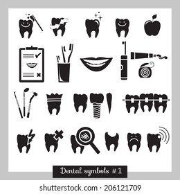 Set of dentistry symbols (part 1). Dental tools, floss, braces, teeth, mouth, implant, crown, toothache, hygiene, tooth decay etc.