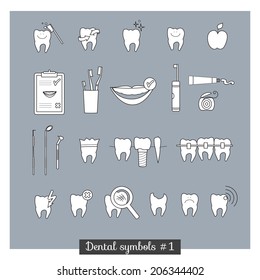 Set of dentistry symbols (part 1). Dental tools, floss, braces, teeth, mouth, implant, crown, toothache, hygiene, tooth decay etc.