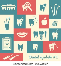 Set of dentistry symbols (part 1). Dental tools, floss, braces, teeth, mouth, implant, crown, toothache, hygiene, tooth decay etc.