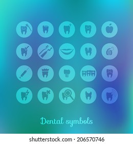 Set of dentistry symbols (part 1). Dental tools, floss, braces, teeth, mouth, implant, crown, toothache, hygiene, tooth decay etc. Eps 10 vector.