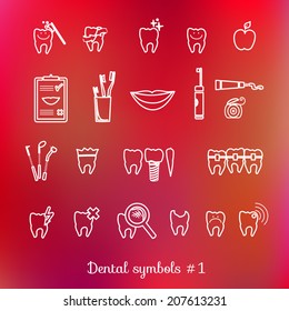 Set of dentistry symbols (part 1). Dental tools, floss, braces, teeth, mouth, implant, crown, toothache, hygiene, tooth decay etc.