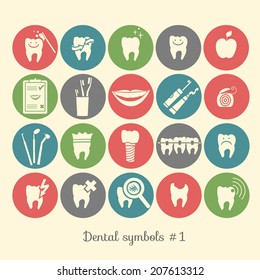 Set of dentistry symbols (part 1). Dental tools, floss, braces, teeth, mouth, implant, crown, toothache, hygiene, tooth decay etc.