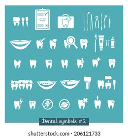 Set of dentistry symbols (part 2). Dental tools, floss, braces, teeth, mouth, implant, crown, toothache, hygiene, tooth decay etc.