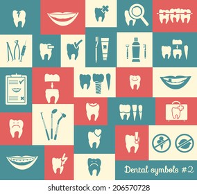 Set of dentistry symbols (part 2). Dental tools, floss, braces, teeth, mouth, implant, crown, toothache, hygiene, tooth decay etc.