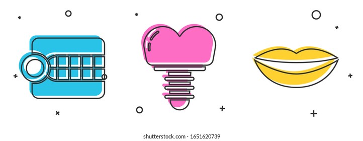 Set Dentures model, Dental implant and Smiling lips icon. Vector
