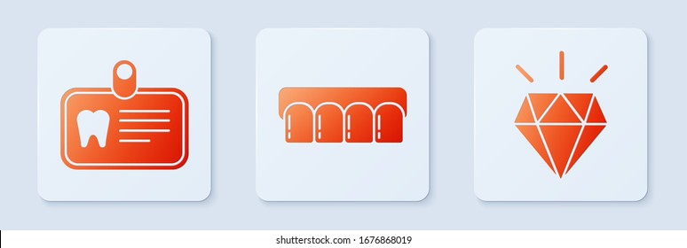 Establecer modelo Dentures, tarjeta de identificación con dientes de diente y Diamante. Botón cuadrado blanco. Vector