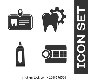 Set Dentures model, Id card with tooth, Tube of toothpaste and Tooth treatment procedure icon. Vector