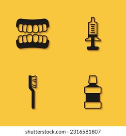 Set Dentures model, Mouthwash, Toothbrush and Syringe icon with long shadow. Vector