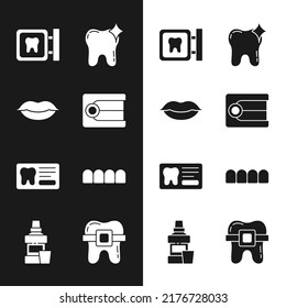 Set Dentures model, Smiling lips, Dental clinic location, Tooth whitening, card, Teeth with braces and Mouthwash bottle icon. Vector