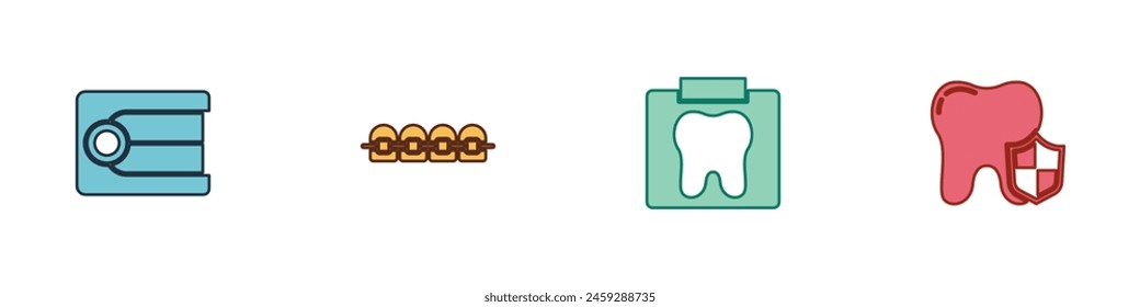 Set Dentures model, Teeth with braces, X-ray of tooth and Dental protection icon. Vector