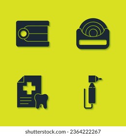 Set Dentures model, Tooth drill, Dental card and floss icon. Vector