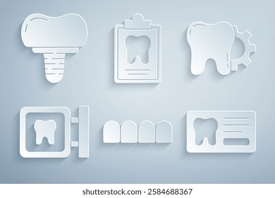 Set Dentures model, Tooth treatment procedure, Dental clinic location, card,  and implant icon. Vector