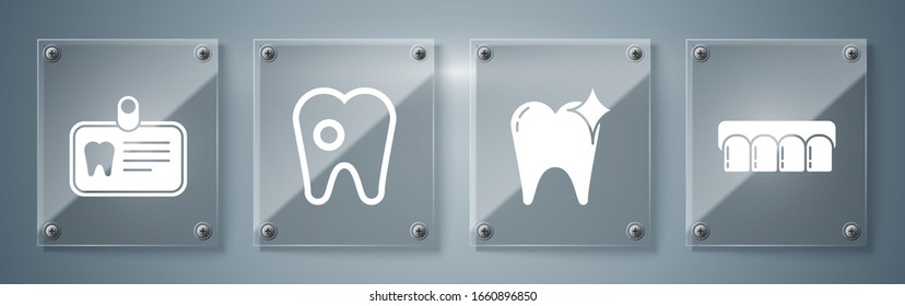 Set Dentures model, Tooth whitening concept, Tooth with caries and Id card with tooth. Square glass panels. Vector