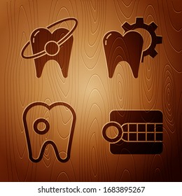 Set Dentures model, Tooth whitening concept, Tooth with caries and Tooth treatment procedure on wooden background. Vector