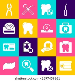 Set Dentures model, X-ray of tooth, First aid kit, Dental protection, Broken, floss, pliers and Otolaryngological head reflector icon. Vector