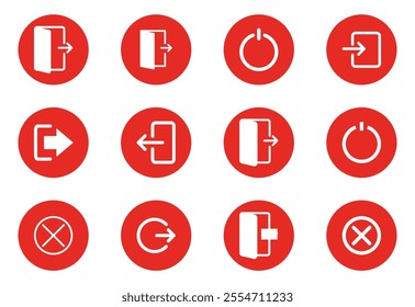 Set of deny stop Vector black line icon exit door sign isolated on red background button icons for your design close door store