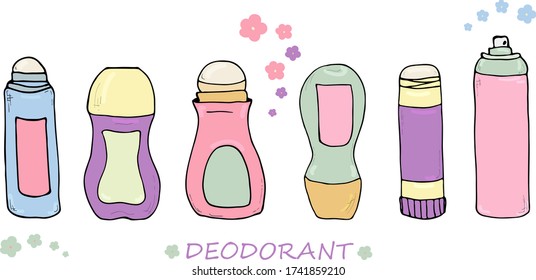 Conjunto de formas desodorantes. Botellas de color pastel. Belleza, objetos higiénicos y cosméticos. Ilustraciones dibujadas a mano por vectores aisladas. Elementos de diseño para el bienestar. Atención a las mujeres
