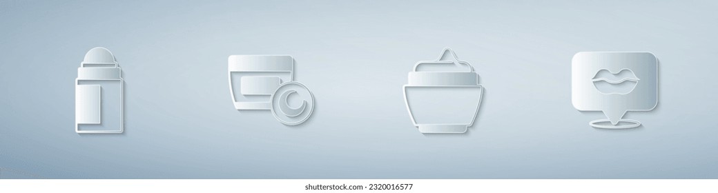 Ponga el rollo de desodorante, el tubo cosmético de crema loción y los labios sonrientes. Estilo de arte de papel. Vector