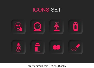 Set Deodorant roll, Makeup powder with mirror, Facial cosmetic mask, Smiling lips, Bottle of shampoo, Lip augmentation, Cream lotion tube and  icon. Vector
