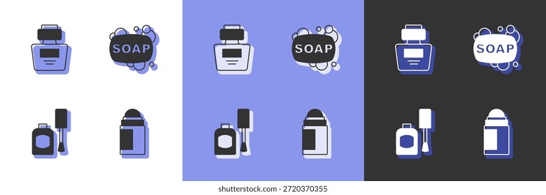 Conjunto Rollo desodorante, perfume, botella de esmalte de uñas y icono de jabón de barra. Vector