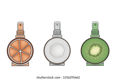 a set of deodorants. orange, kiwi, coconut. icons for cosmetics. vector illustration. EPS 10.