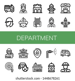 Set of department icons such as Fire truck, Firefighter, Police officer, Fire station, Fire hose, hydrant, Police station, Hydrant, Fireman, Car on Store , department