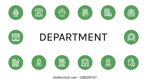 Set of department icons. Such as Fire hydrant, Police station, Firefighter, Fire hose, House on fire, Building on Store, station, Police officer , department icons