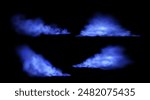A set depicting streams of earthen smog. Fluffy magical blue mist. Clouds of mystical dust of various shapes on an isolated black background. Vector illustration.