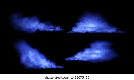 A set depicting streams of earthen smog. Fluffy magical blue mist. Clouds of mystical dust of various shapes on an isolated black background. Vector illustration.