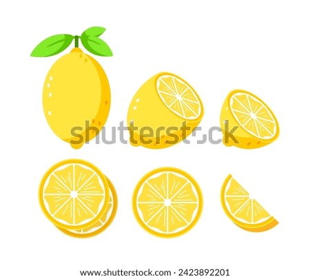Set depicting whole and cut lemons with leaves, ideal for culinary and health themes