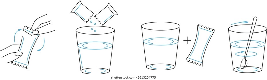Set depicts the process of dissolving effervescent powder from a sachet into a glass of water. The sequence includes opening the sachet, pouring the powder