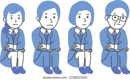 A set of depressed businessmen sitting down