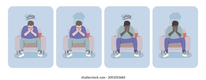 Set of depressed characters. Lonely man is sitting in a chair. Psychotherapy. The depressed character holds his head. Cloud and rain, sad thoughts. Flat vector illustration