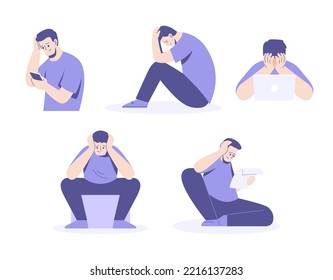 Set of depressed characters. Sad man read the news, work, are afraid. Psychotherapy. Upset man collection isolated on white background