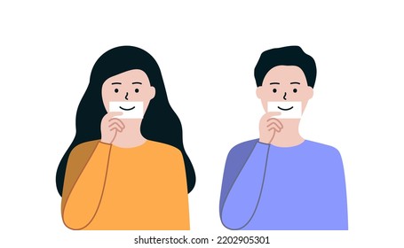 Set of Depressed Girl and Boy holding smiling mouth drawing on face. People hiding real emotion. Depression, Mental health, psychological support concepts. Flat cartoon design Vector Illustrations.