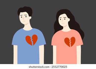 Set of depressed man and woman with broken red heart. Love, breakup, loneliness, depression, mental health, feeling concept. Flat people character vector design isolated illustration.