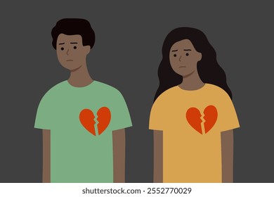 Set of depressed man and woman with broken red heart. Love, breakup, loneliness, depression, mental health, feeling concept. Flat people character vector design isolated illustration.