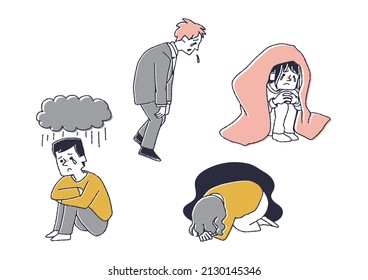  A set of depressed people, a comical handwritten illustration of a person, a simple coloring of a vector line drawing, and a white background.
