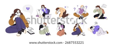 Set of depressed people with problems. Lonely and sad teenagers suffering from abuse, school grades, breakups. Stressed, anxious and sad characters cry. Flat isolated vector illustrations on white