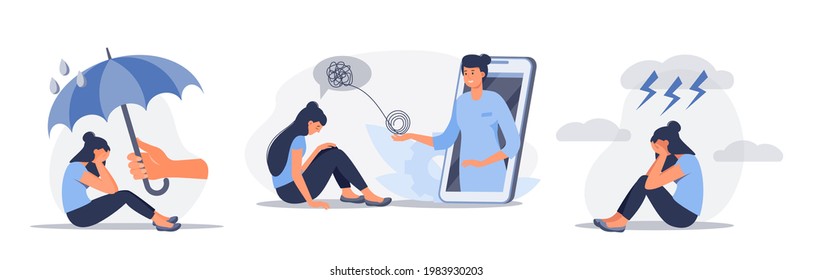 Set of depressed sitting woman. Online psychotherapy counseling concept. Mental health, depression. Human mental problem solutions. Vector flat cartoon illustration