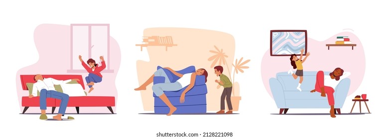 Set of Depressed Tired Parents with Yelling Son and Daughters Disturb them. Mom and Dad with Hyperactive Children at Home, Sleepy Characters Fatigue, Anxiety. Cartoon People Vector Illustration