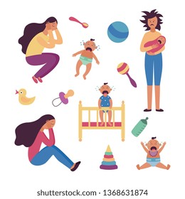 Set of depressed tired women and crying babies and toys flat cartoon style, vector illustration isolated on white background. Female postnatal or postpartum depression, child care items