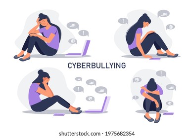 Set of depressed woman sitting with phone in front of laptop screen  surrounded by message bubbles. Cyber bullying in social networks and online abuse concept. Vector flat cartoon illustration