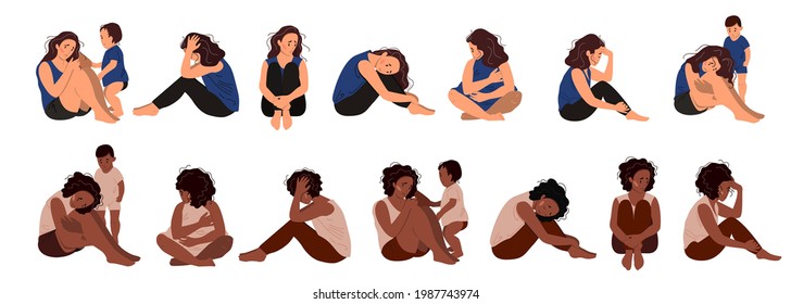 Set of depressed young unhappy sitting girls. Different ethnicities woman. Concept of mental disorder. Colorful vector illustration in flat cartoon style.