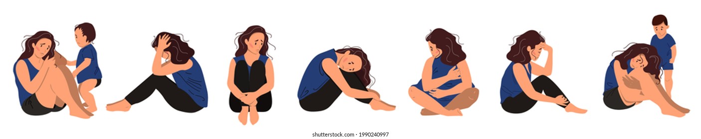 Set of depressed young unhappy sitting girls. Concept of mental disorder. Colorful vector illustration in flat cartoon style.
