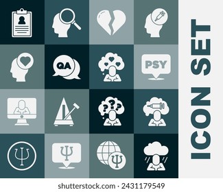 Set Depression, Addiction to the drug, Psychology, Psi, Broken heart or divorce, Question and Answer, Medical clipboard and  icon. Vector